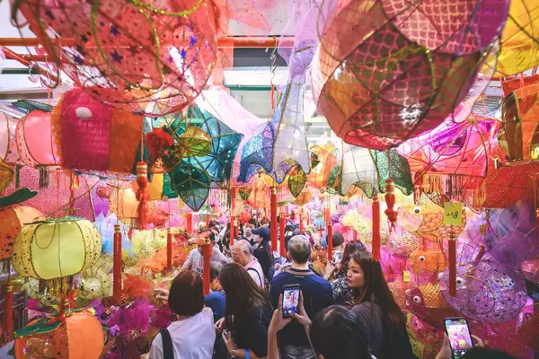 stock image local market to buy traditional Chinese lanterns. Tai Kiu Market Sept 23 2023