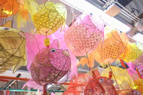 stock image local market to buy traditional Chinese lanterns. Tai Kiu Market Sept 23 2023