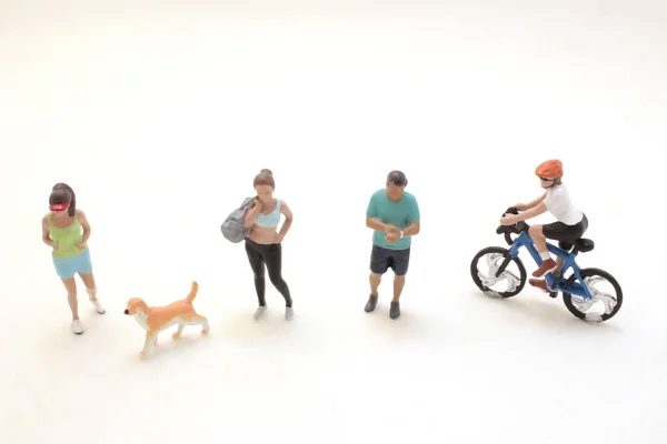 Group of friends biking with their pet dog on a bicycle.