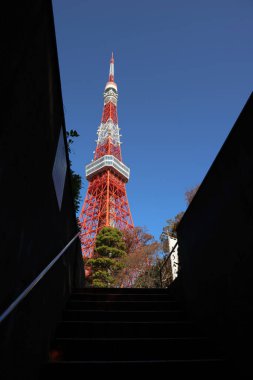 Tokyo Kulesi 'ne giden merdivenler. Görkemli Tokyo Kulesi 28 Kasım 2023.