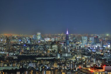 Aydınlatılmış binalarla dolu şehir metropolü. 28 Kasım 2023