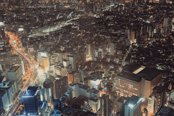 Aerial View of Urban Night Cityscape with Skyline and Skyscrapers Nov 28 2023