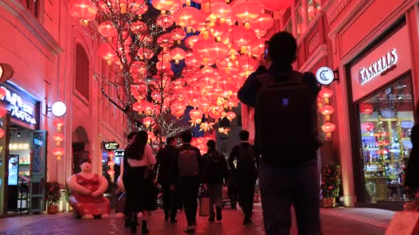 Hong Kong Feb 2024 Linternas Rojas Decorando Calle Concurrida Durante — Vídeos de Stock