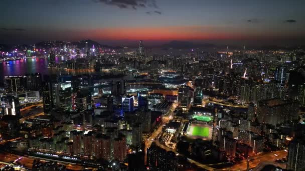Hong Kong Január 2024 Légi Kilátás Megvilágított Kowloon Kerület Alkonyatkor — Stock videók