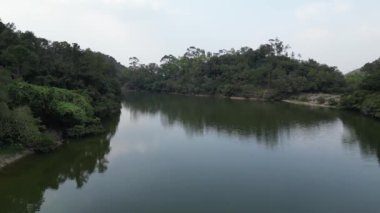 Hong Kong 20 Ocak 2024 Lau Shui Heung Reservoir gölet kıyısı bir sonbahar ormanı arasında