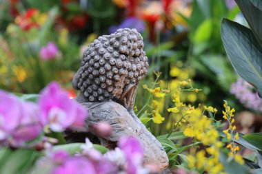 Arka planı bulanık bir bahçede küçük bir Buda heykeli.