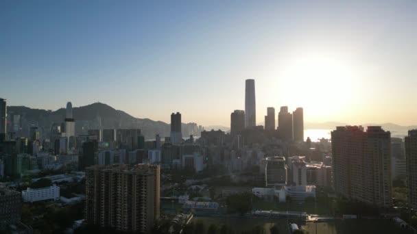 Гонконг Марта 2024 Года Закат Района Западный Коулун Вид Воздуха — стоковое видео