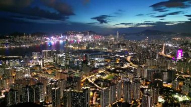 Hong Kong - 17 Eylül 2024: Night Kowloon Cityscape Skyline View, HK