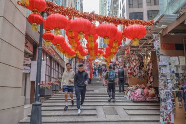 Jan 25 2025 pedestrian street adorned with vibrant red Chinese lanterns, clipart