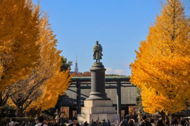 Canlı altın sonbahar yaprakları tarafından çerçevelenmiş tarihi bir heykel, 7 Aralık 2024