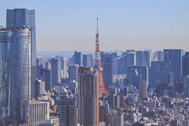 10 Aralık 2024 Tokyo şehir siluetinin görüntüsü, ikonik kırmızı Tokyo Kulesi 'nin