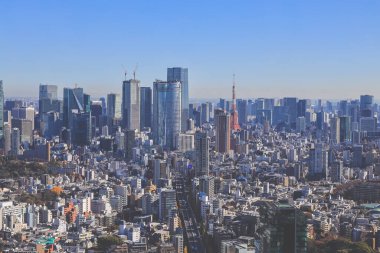 10 Aralık 2024 Tokyo şehir siluetinin görüntüsü, ikonik kırmızı Tokyo Kulesi 'nin