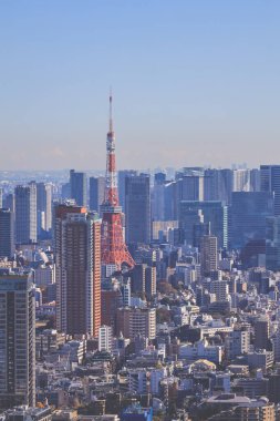 10 Aralık 2024 Tokyo şehir siluetinin görüntüsü, ikonik kırmızı Tokyo Kulesi 'nin