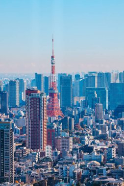 10 Aralık 2024 Tokyo şehir siluetinin görüntüsü, ikonik kırmızı Tokyo Kulesi 'nin