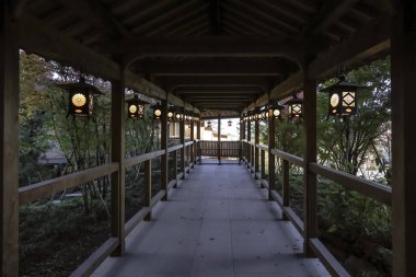 9 Aralık 2024 geleneksel bir Japon yürüyüş yolunu süsleyen dekoratif fenerler