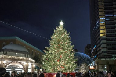 Noel için dekore edilmiş şehir merkezinde, 7 Aralık 2024 tarihli büyük bir şenlik ağacı yer alıyor.