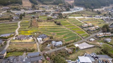 26 Mart 2025 Serene kırsal Japon köyü yeşillik ve dağın ortasında yuva yaptı.