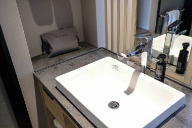 Çağdaş banyo tasarımı, parlak beyaz bir leğen sergiliyor.