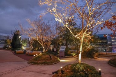 24 Mart 2025 Aydınlatılmış ağaçlar ve heykellerle dolu bir park manzarası