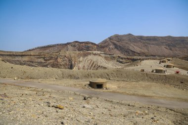 Uzak küçük kulübelerin olduğu çorak çöl manzarası, açık mavi bir gökyüzü.