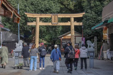 24 Mart 2025 Torii kapısı, aslan heykelleri içeren bir Shinto türbesi girişi,