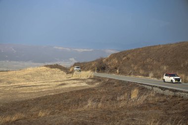 Kuru otların arasında sakin bir kır manzarası açık bir yol tasvir ediyor