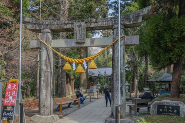 Japon tapınağında ağaçlarla çevrili tarihi bir Torii kapısı var.