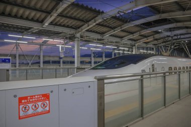 Çağdaş bir tren terminalinin platformu, parlak ve yüksek hızlı bir trenin altını çiziyor