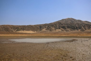 Ön planda küçük bir su birikintisi olan kuru, düz bir arazi.