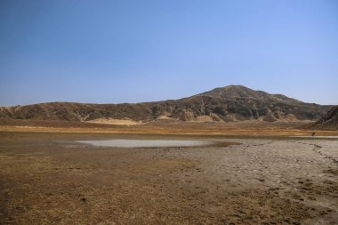 Ön planda küçük bir su birikintisi olan kuru, düz bir arazi.