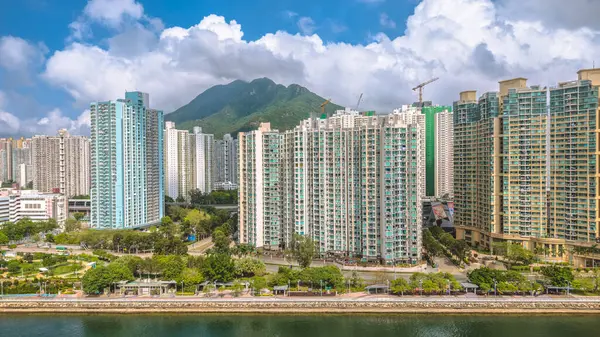 Manzaraya bitişik yüksek binaların canlı şehir mimarisi