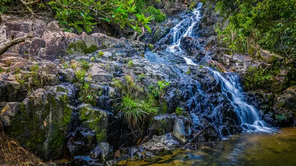 Etrafı canlı yeşilliklerle çevrili kayalık arazide şelale gibi.