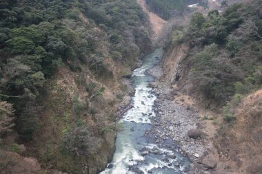 Engebeli bir vadi boyunca, engebeli arazi ve yemyeşil bitki örtüsüyle çevrili.