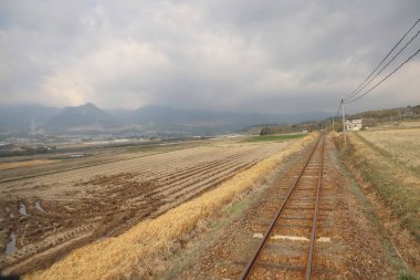 Sakin, kırsal bir demiryolu altın kırlarda seyahat eder.