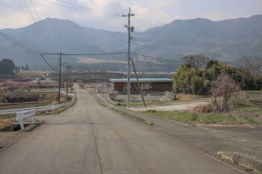 Çevresindeki yeşil alanlar ve elektrik direkleri olan sakin bir kırsal yol.
