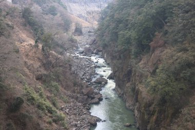 Engebeli bir vadi boyunca, engebeli arazi ve yemyeşil bitki örtüsüyle çevrili.