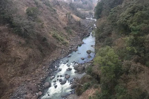 Engebeli bir vadi boyunca, engebeli arazi ve yemyeşil bitki örtüsüyle çevrili.