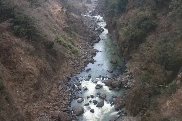 Engebeli bir vadi boyunca, engebeli arazi ve yemyeşil bitki örtüsüyle çevrili.