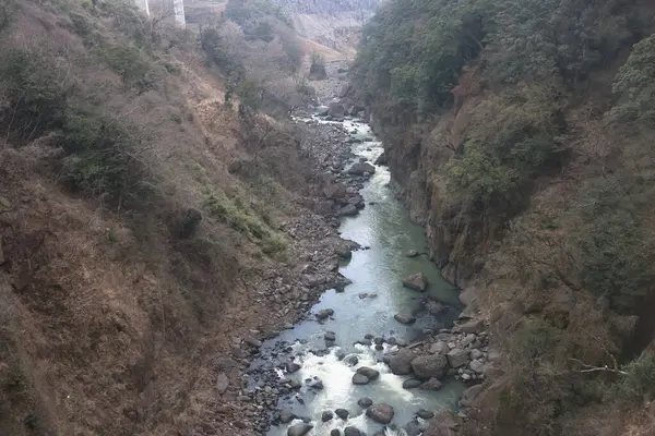 Engebeli bir vadi boyunca, engebeli arazi ve yemyeşil bitki örtüsüyle çevrili.