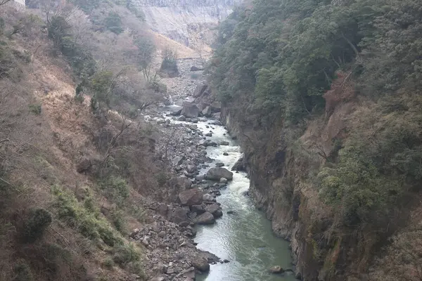 Engebeli bir vadi boyunca, engebeli arazi ve yemyeşil bitki örtüsüyle çevrili.