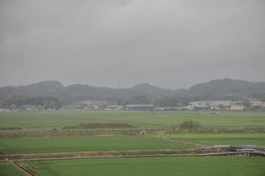 Serin manzara uzak tepelerle yemyeşil tarlalar sergiliyor