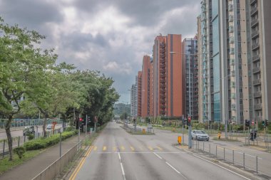 Şehir yolu modern binalarla, yemyeşil ağaçlarla dolu.