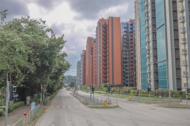 Şehir yolu modern binalarla, yemyeşil ağaçlarla dolu.