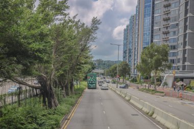 Şehir yolu modern binalarla, yemyeşil ağaçlarla dolu.