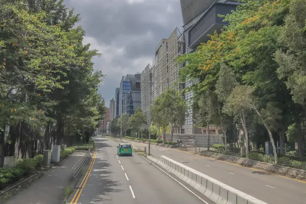 Şehir yolu modern binalarla, yemyeşil ağaçlarla dolu.