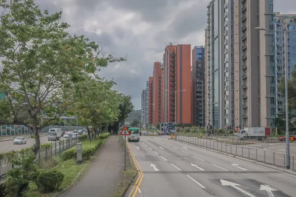 Şehir yolu modern binalarla, yemyeşil ağaçlarla dolu.