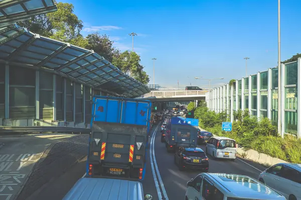 açık mavi gökyüzünün altındaki ağaçların ve binaların arka planı. Canlı bir şehirde güneşli bir günde, şehir içi gidip gelen yaşam tarzını yakalar..