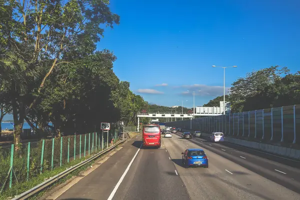 açık mavi gökyüzünün altındaki ağaçların ve binaların arka planı. Canlı bir şehirde güneşli bir günde, şehir içi gidip gelen yaşam tarzını yakalar..