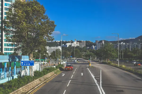 Yol, kaldırımlar, ağaçlar içeren temiz şehir manzarası,