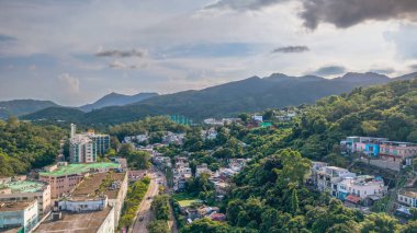 Canlı yeşillikleri ve yolları olan pitoresk bir dağ köyü.,